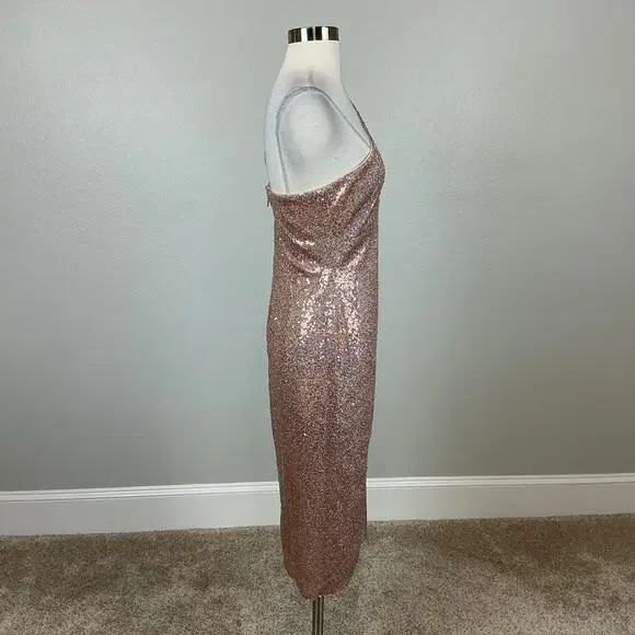 AQUA Women's Cocktail Dress Size 6 Gold Sequin One Shoulder Cut Out Midi Sheath